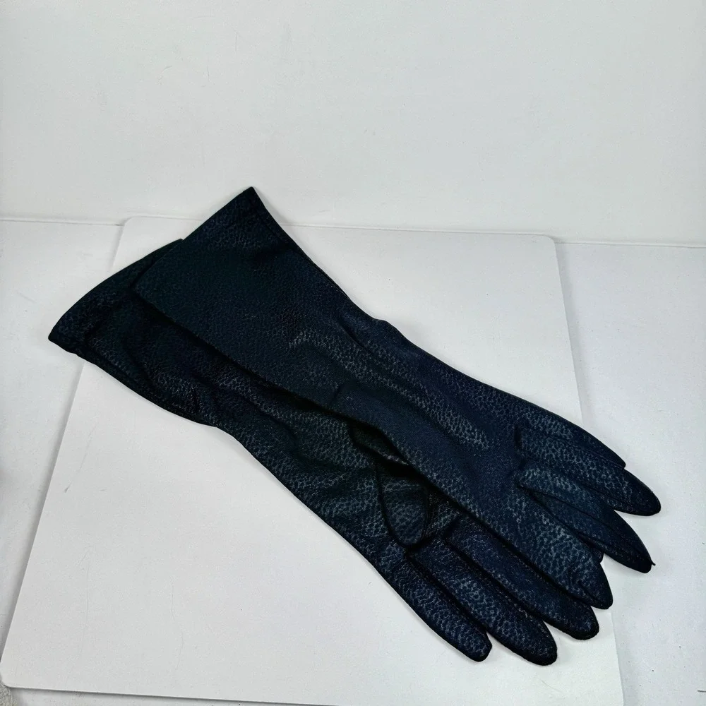 VTG 1950s Black Leopard Nylon Long Dress Gloves Size B Made In USA Opera Evening